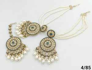 MOTIPEARL OVALSHAPE INDIEN PLAQUÉ OR BOUCLE D'OREILLE TRADITIONNELLE GOUTTE & PIERRE AVEC CHAINE MOTIPEARL & MANGTIKKA SET FEMME & FILLE - Product Image 2