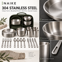 Ensemble de vaisselle moderne OEM en acier inoxydable 304, service de table de camping avec assiettes, bols, tasses et couverts pour usage en station balnéaire et pique-nique
