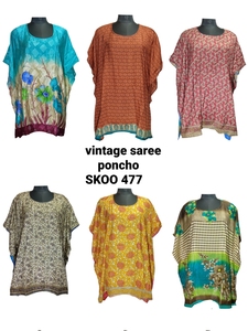 New Vintage Floral Print Silk Saree <b>Poncho</b> Top for Ladies Short Summer Wear Sexy Tank Sleeve Style Knitted Traditional Designs - Product Image 3