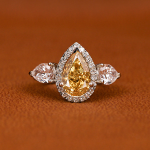 Yellow Pear Cut Lab Created Diamond Three Stone Halo Engagement Ring Round Cut Diamond 14KT <b>Solid</b> Gold Anniversary Gift Ring - Product Image 2