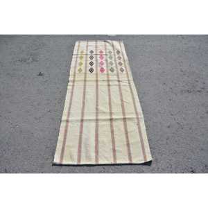 Tapis Kilim vintage 2,6x7 pieds, tapis turc en laine unie blanc et orange - Product Image 1