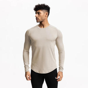 Camisetas Deportivas de Manga Larga para Hombre, de Algodón y Elastano, con Logotipo Personalizado, Diseño Sólido, Dobladillo Curvo, para Fitness y Running - Product Image 1