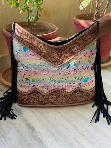 New Real Hand Tooled Carving Metallic Fur Leather Boho Fringe Sling Bags Western Fashionable Women Tassel Shopping Handbags - Product Image 3