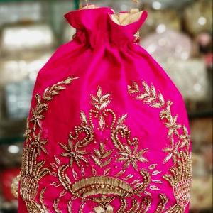 Beautiful Neon-Pink Silk Potli <b>Bag</b> Embellished with <b>Pearls</b> and Crystal Glass Beads Embroidery for Parties/Weddings in 2024 - Product Image 1