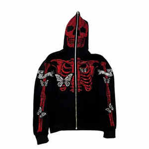 Les plus exigeants Strass Squelette Visage Complet Fermeture Éclair Hoodies Surdimensionné Blanc Personnalisé Strass Full Zip Up Hoodie Pour Hommes - Product Image 5