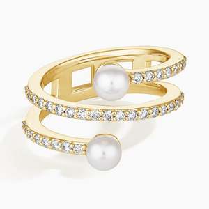 Luxury Solid Gold Round Cut Lab Grown Diamond and Cultured Pearl Engagement Band Custom Fine <b>Jewelry</b> Ring for Women - Product Image 1