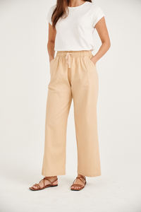 กางเกงขากว้างผ้าลินินผ้าฝ้ายสีทึบสำหรับผู้หญิงลำลองเอวยางยืดกางเกงทรงหลวมสำหรับฤดูใบไม้ผลิฤดูร้อน - Product Image 2