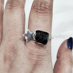 Bague pour femme en pierre brute, tourmaline noire naturelle, pierre de naissance d'octobre, ajustable, en argent sterling 925 - Product Image 2