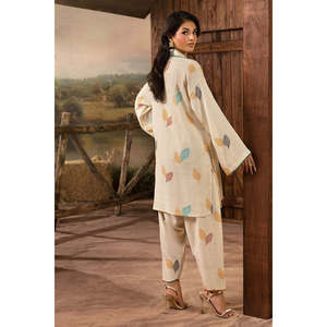 Conjunto de 2 Piezas, Camisa y Pantalón Estampados Jacquard Slub Khaddar, Estilo Casual para Primavera/Verano-SCT-52002 - Product Image 1