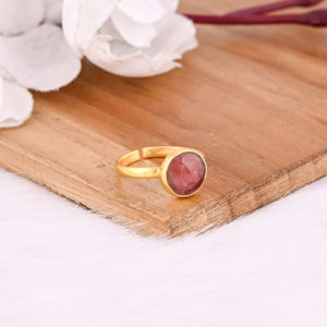 925 Sterling Silver Natural <b>Pink</b> Tourmaline Round Yellow Gold Plated Handmade Designer Adjustable Women's Fine Ring Jewelry - Product Image 6