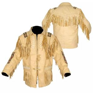 <b>Top</b> High Quality Best Selling Men Western Style <b>Fringed</b> & Beaded Black Color Tassels Cowboy Leather Jacket - Product Image 3