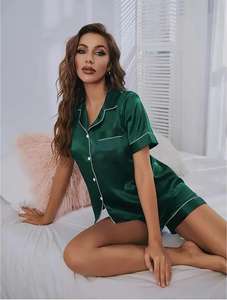 Conjunto de traje de noche relajado con cuello en V de satén tejido para mujer, ropa de dormir Floral, pijama de seda con cordón, pantalones cortos lisos/lisos - Product Image 4