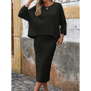 Ensemble deux pièces pour femme, chemisier et jupe en tissu brossé à manches longues et col rond, 30049 - Noir - Product Image 4