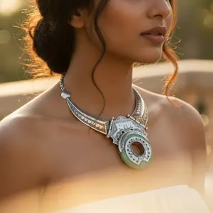 Collier en argent pour femmes avec pierre verte, design tribal, pendentifs et breloques tendance - Product Image 2