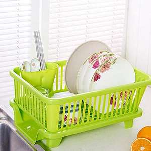 Escurridor de Platos Plegable de Plástico Resistente con Bandeja de Drenaje y Ganchos Laterales para Palillos, Cucharas, Verduras y Frutas, Embalaje en Caja - Product Image 3