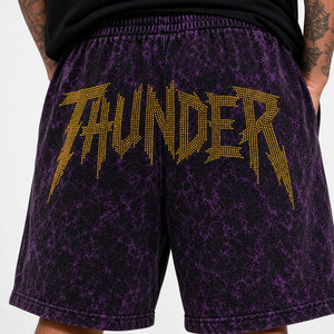 Thunder Embroidered <b>Men's</b> Street Style Shorts Purple <b>Black</b> <b>Tie</b> Dye Elastic Waist Front Logo Short Length - Product Image 5