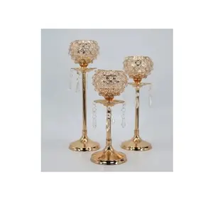 Indian Gold Metal Fancy Set Of 3 Crystal Candle Holder Round Shape Pillar Tealight Candle Holder Luxury Gold Metal Holders