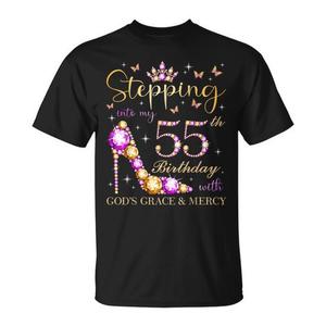 T-shirt con stampa digitale a maniche corte girocollo unisex per adulti con scritta "Stepping Into My 55th Birthday With God's Grace Mercy" - Product Image 1