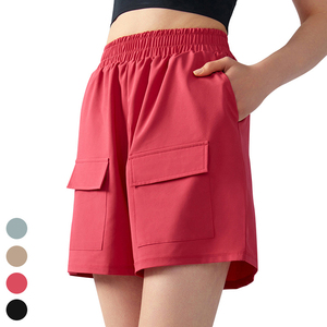 Pantalones cortos deportivos de pierna ancha informales personalizados al por mayor, pantalones cortos Cargo de cintura alta para gimnasio y Fitness, pantalones cortos deportivos personalizados para mujer con bolsillos - Product Image 1