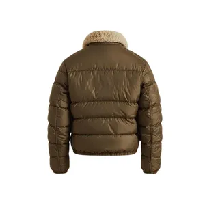 Brown Puffer <b>Jacket</b> with <b>Shearling</b> Collar Bomber Fit - Product Image 3