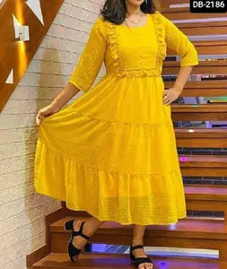 Indiase En Pakistaanse Stijl Fancy Georgette Met Duizend Butti Stof Met Ruches Patroon Volledige Gestikt Kurtis Met Plus Size