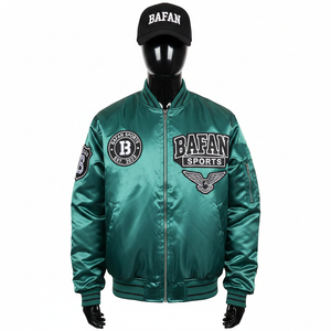 Chaqueta de Satén Premium para Mujer, Color Verde Azulado Brillante, con Paneles en las Mangas y Logotipo de Chenilla Bordado Personalizado, Chaquetas de Satén para Mujer - Product Image 1