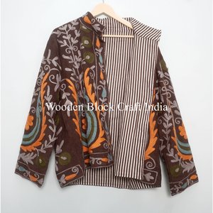 Hand Embroidered cotrise Bomber Jacket with Floral Motifs Vintage Tribal Style Autumn Outerwear in 100% Cotton for Boutiques - Product Image 6