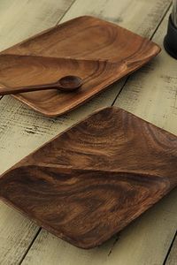 Bandeja DE SERVICIO DE MADERA Rectangular de alta calidad TIHIS para servir comida desayuno postre bandeja de madera de acacia con mango de Metal - Product Image 3