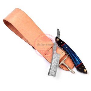 Rasoir droit de barbier en acier inoxydable Damas rasoirs à manche en bois avec étui en cuir - Product Image 6