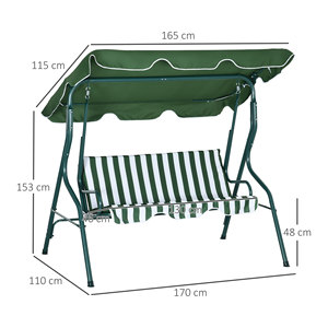 Outsunny Balançoire 3 places avec auvent réglable et coussins, en acier et polyester, 170x110x153 cm, vert et blanc - Product Image 3