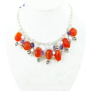 Silver Gemstone <b>Necklace</b> with Orange <b>Carnelian</b> & Amethyst Crystal Jewelry - Product Image 3