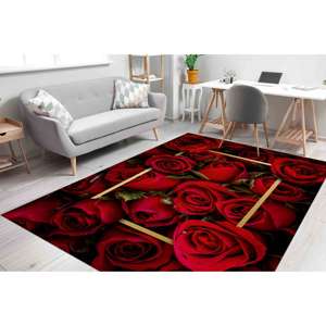Red Rose Rug: Gold <b>Frame</b>, Floral Accent Rug, Machine Washable,With Pile Soft Rug - Product Image 2