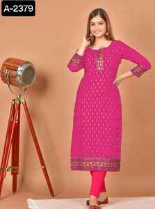 Nuevo material de rayón étnico indio Anarkali Long Kurtis con estampado de lámina y borde de encaje Festival Wear Kurtis con talla grande - Product Image 4