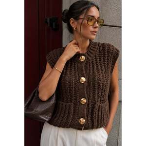 Gilet en Organdy avec détail boutonné et poches - Marron - Marron - Product Image 2