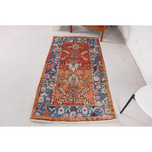 พรมตุรกีขนาดเล็ก 2.3x5.2 ฟุต พรมวินเทจขอบสีส้ม - Product Image 1