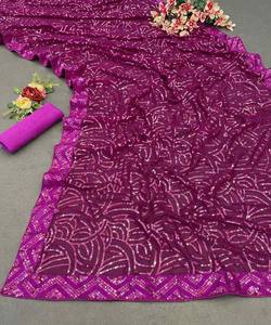 DESIGNER GEORGETTE BORDADO Y SECUENCIA TRABAJO SAREE CON BLUSA SIN TITCHED PARTY WEAR AL POR MAYOR ETHNICGARMENT VINO - Product Image 2