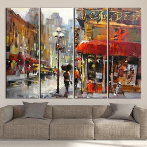 Impression sur toile de paysage urbain abstrait, scène de ville moderne sous la pluie, 4P : encadré - Product Image 1