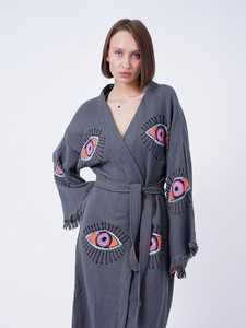 Floor-Length Long Sleeve Boho Beachwear Kimono Solid Evil Eye Inspired Handmade Ethnic <b>Festival</b> Robe Embroidered Patterns Sexy - Product Image 6