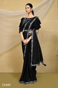 El último diseñador Chinon Seda Bordado Secuencia Trabajo Listo Para Usar Sari Por Fab Zone - Product Image 4