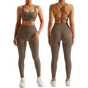 Ensemble de sport côtelé grande taille imperméable pour femme, 2 pièces : soutien-gorge de sport dos nu à bretelles et leggings sans couture assortis – Vente chaude - Product Image 1