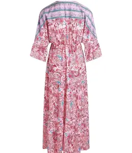 Resort Wear Bohemian Cotton Hand Block Printed Maxi Dress Full Sleeves With Drawstring Loop Neck Fitted Latest Arrival Dresses