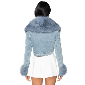 Diseño personalizado bordado gráfico Raw Edge Hem Full Zip up Oversized Bomber Vintage Washed Denim Jacket para mujer - Product Image 5