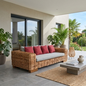 Natural Chunky Rattan Woven Outdoor 3 Seater Sofa Grey Cushion <b>Red</b> <b>Throw</b> Pillows Patio Daybed Decor Pure Room Art Design - Product Image 3