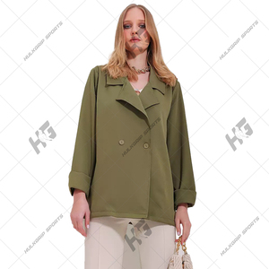 Blazer en laine élégant pour femme Alpha Green, uni, tissé, anti-froissement, col en V, bouton unique, manches longues, broderie 3D - Product Image 6