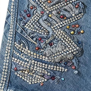Shorts Bermuda en jean taille haute pour homme, brodés de sequins à motif géométrique, style urbain, braguette boutonnée, ourlet effiloché - Product Image 4