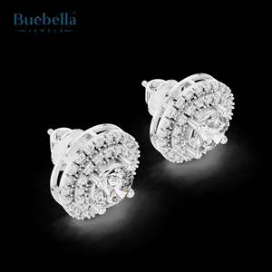 Hot Sale Women's <b>Fine</b> Jewelry 18K Solid Gold & 925 Silver Round Diamond Double Halo <b>Stud</b> <b>Earrings</b> - Product Image 2