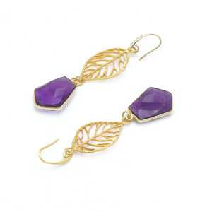 Dua ต่างหูห้อยอเมทิสต์ทองเหลืองชุบทอง18K ของผู้หญิงสำหรับงานแต่งงานแบบทำมือทันสมัย | ผู้ผลิต - Product Image 3