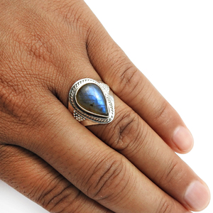 925 argent Sterling naturel forme de poire bleu Labradorite pierre précieuse oxydée à la main bague grossiste fabricant de bijoux femme - Product Image 3