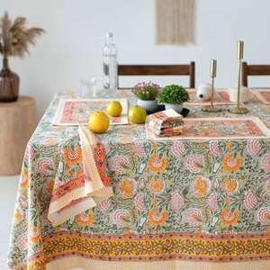 ผ้าปูโต๊ะผ้าฝ้ายทรงสี่เหลี่ยมผืนผ้าพิมพ์ลายดอกไม้สีเขียวมะกอกสีส้ม - Product Image 1