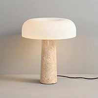Lámpara de mesa redonda de piedra travertino de lujo con pantalla de tela de lino premium, iluminación ambiental cálida para decoración moderna y elegante